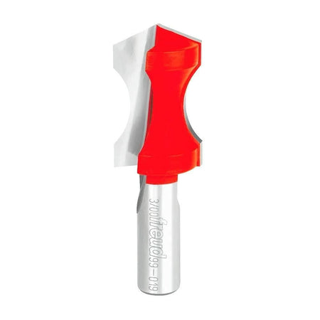 This is an image of a router bit, which is a tool used for shaping wood. The top portion of the bit is a striking red with a curved profile for cutting, while the lower, cylindrical shaft is silver-colored metal.