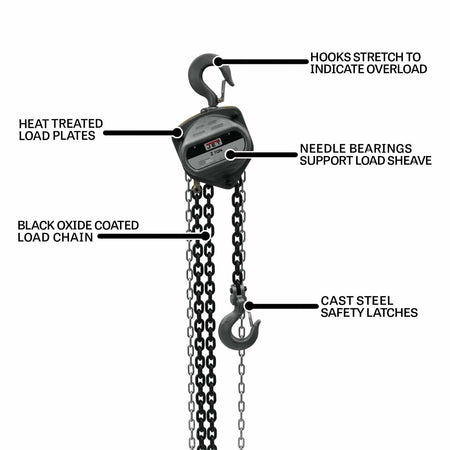 JET 2-Ton Hand Chain Hoist 30' Lift with heat treated plates, black oxide chain, needle bearings, and safety latches.