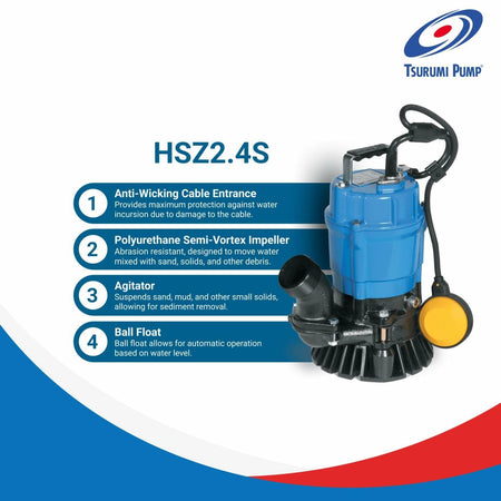 Tsurumi Pump HSZ2.4S Submersible Trash Pump with float switch 1/2 HP 115V for sand and solids dewatering