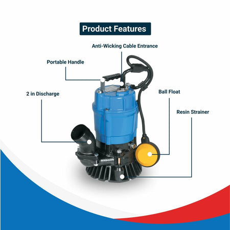 Tsurumi Pump HSZ2.4S Submersible Trash Pump with Float Switch 1/2 HP 115V 2 inch Discharge for solids and sand