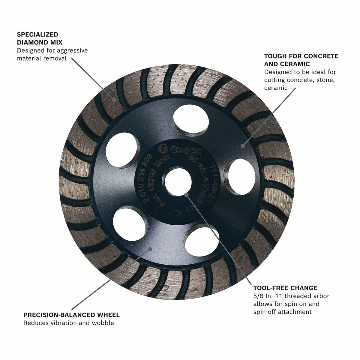 BOSCH DC4530HD 4-1/2 in. Turbo Row Diamond Cup Wheel designed for concrete and ceramic cutting with precision balance.