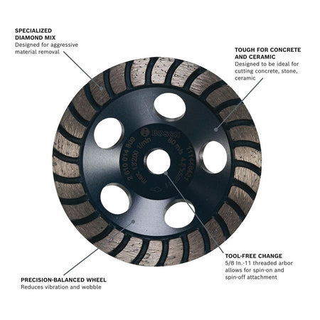 BOSCH DC4530HD 4-1/2 in. Turbo Row Diamond Cup Wheel designed for concrete and ceramic cutting with precision balance.