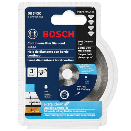 BOSCH DB343C 3 in. Continuous Rim Diamond Blade for clean wet cutting of ceramic and glass tiles with 3/8 in. arbor.