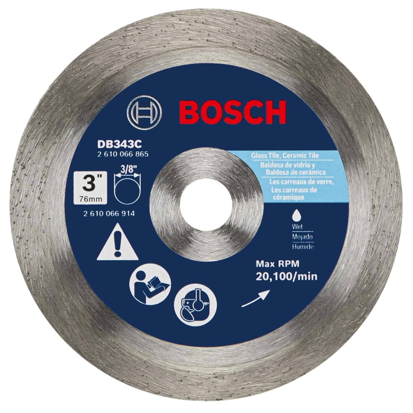 BOSCH DB343C 3 in. Continuous Rim Diamond Blade with 3/8 in. Arbor for clean wet cutting ceramic and glass tile