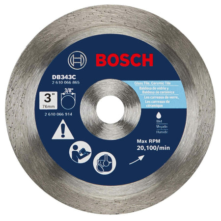 BOSCH DB343C 3 in. Continuous Rim Diamond Blade with 3/8 in. Arbor for clean wet cutting ceramic and glass tile