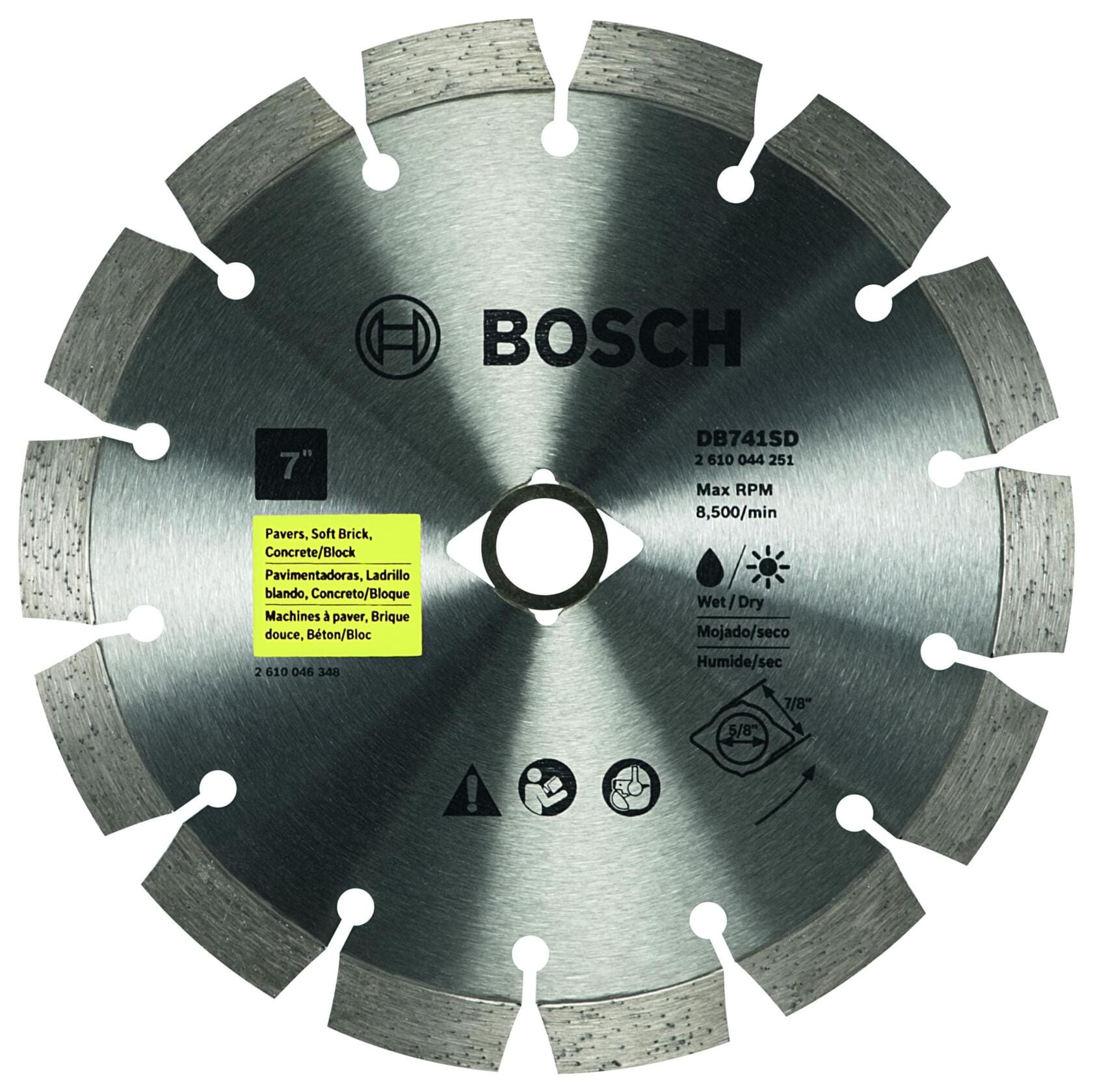BOSCH DB741SD 7 in. Standard Segmented Rim Diamond Blade with 7/8 in. Arbor for wet/dry cutting applications.