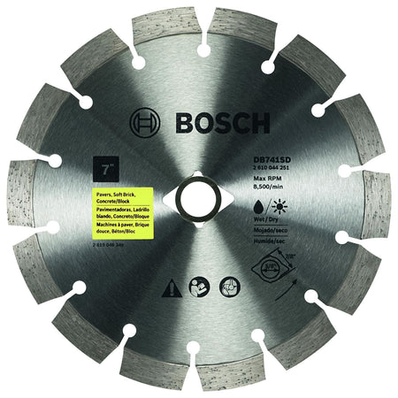 BOSCH DB741SD 7 in. Standard Segmented Rim Diamond Blade with 7/8 in. Arbor for wet/dry cutting applications.