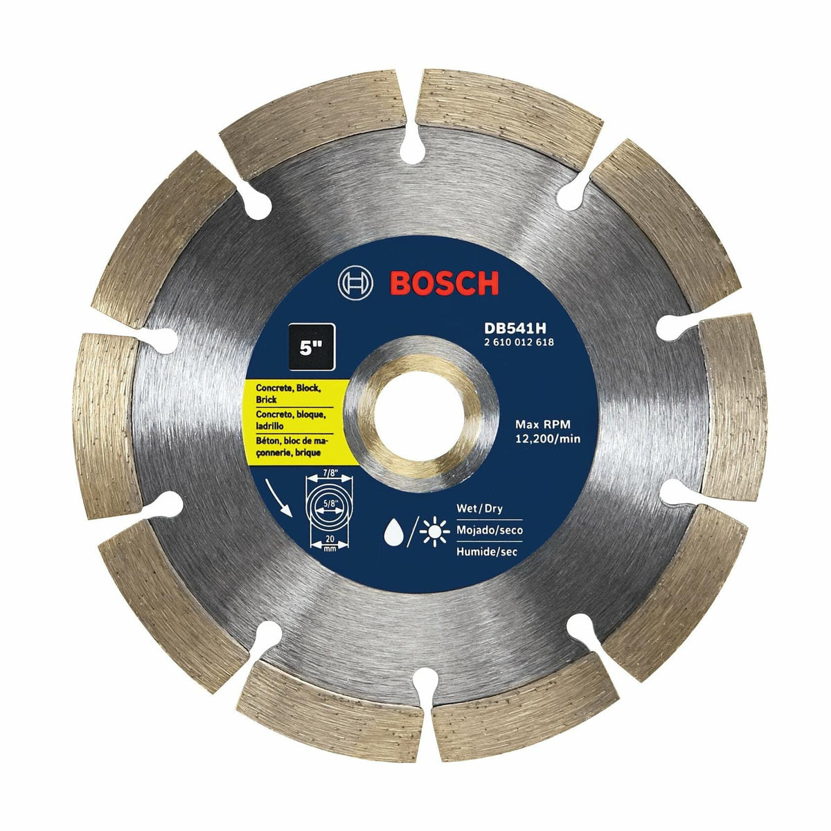BOSCH DB541H 5 In. Premium Segmented Rim Diamond Blade with 7/8 In. Arbor for wet dry cutting concrete brick block