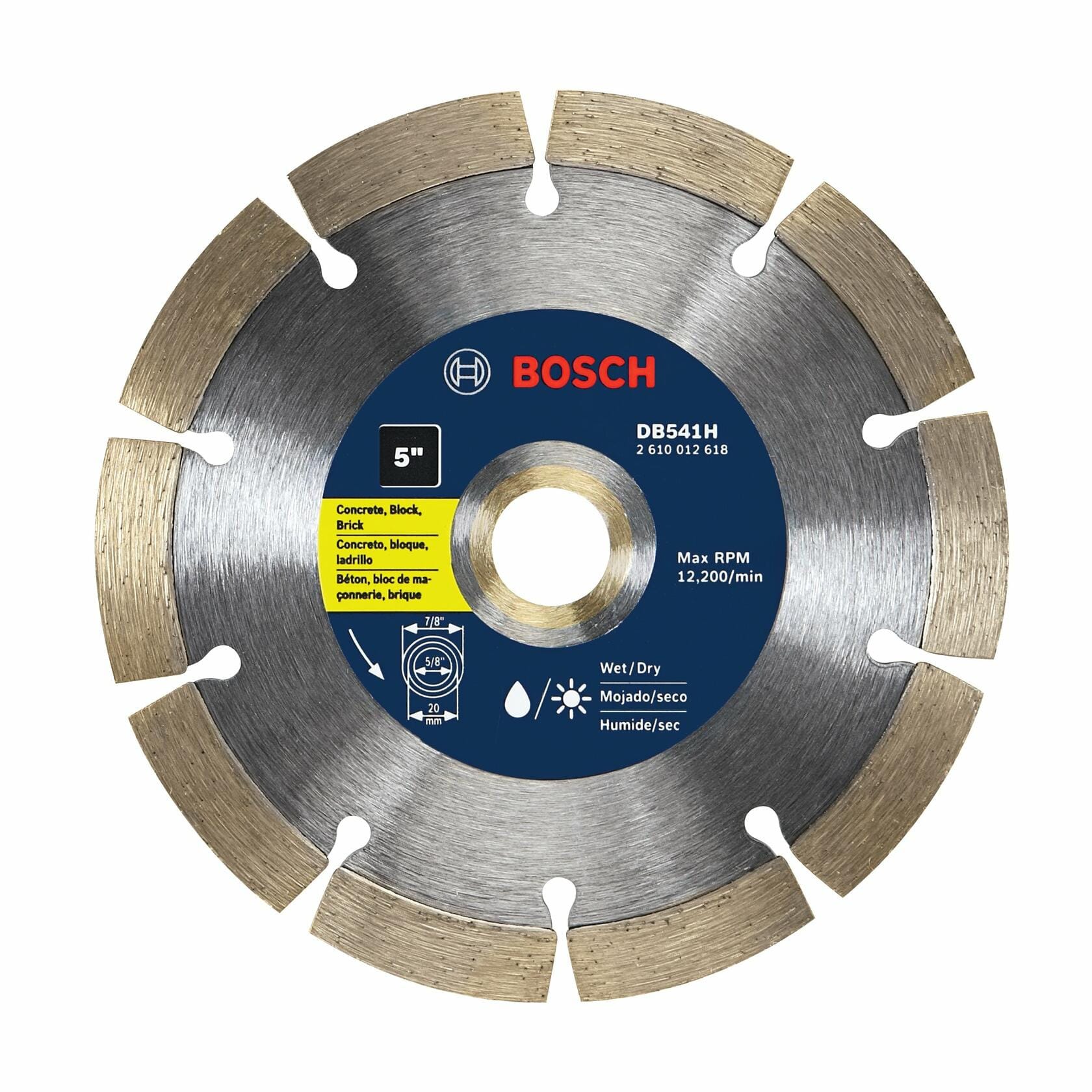BOSCH DB541H 5 In. Premium Segmented Rim Diamond Blade with 7/8 In. Arbor for wet dry cutting concrete brick block