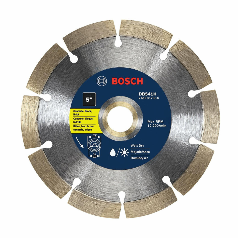 BOSCH DB541H 5 In. Premium Segmented Rim Diamond Blade with 7/8 In. Arbor for wet dry cutting concrete brick block