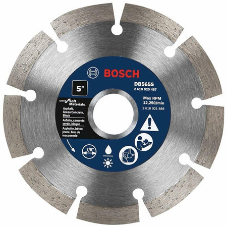 BOSCH DB565S 5 in. segmented rim diamond blade with 7/8 in. arbor for fast dry cutting soft abrasive materials.