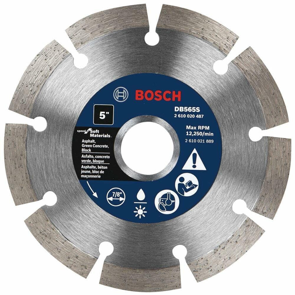 BOSCH DB565S 5 in. segmented rim diamond blade with 7/8 in. arbor for fast dry cutting soft abrasive materials.