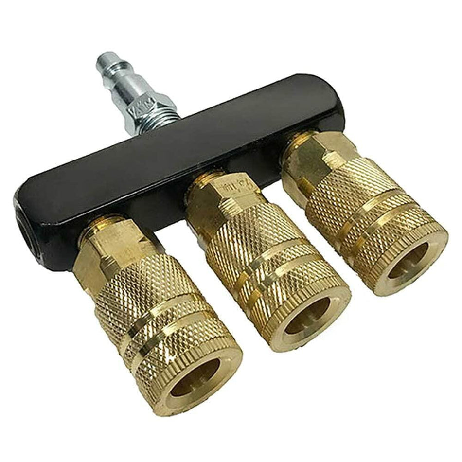 Rolair 3-Way Bar Manifold with three brass 1/4 inch couplers and black bar-style industrial connector.