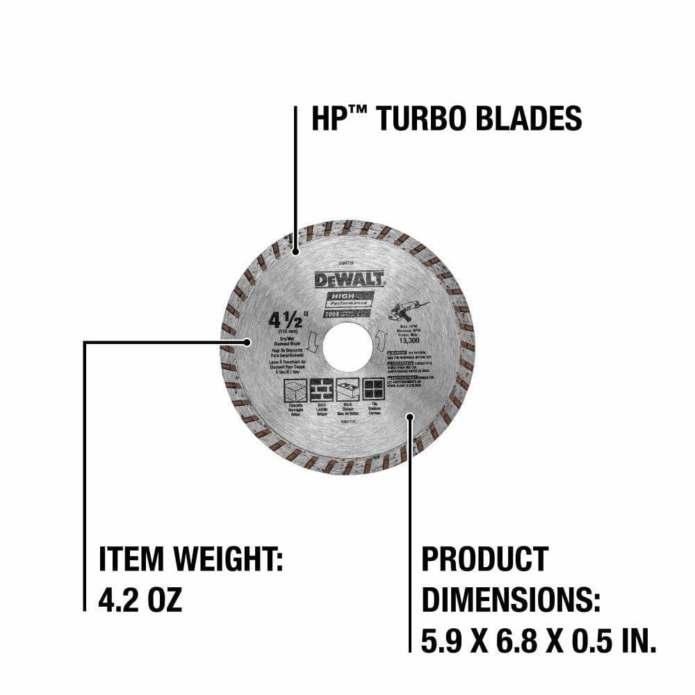 DEWALT Diamond Blade 4-1/2 Inch Continuous Rim HP Turbo for Masonry Dry Cutting 7/8-Inch Arbor
