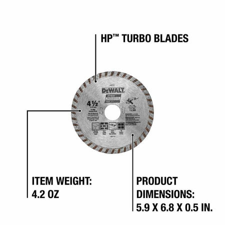 DEWALT Diamond Blade 4-1/2 Inch Continuous Rim HP Turbo for Masonry Dry Cutting 7/8-Inch Arbor