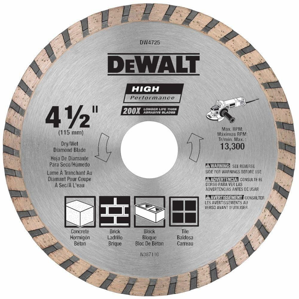 DEWALT 4-1/2 Inch Diamond Blade 7/8-Inch Arbor Continuous Rim Dry Wet Cutting Masonry Blade