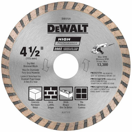 DEWALT 4-1/2 Inch Diamond Blade 7/8-Inch Arbor Continuous Rim Dry Wet Cutting Masonry Blade