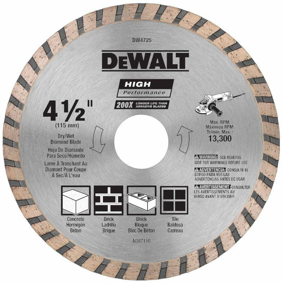 DEWALT 4-1/2 Inch Diamond Blade 7/8-Inch Arbor Continuous Rim Dry Wet Cutting Masonry Blade