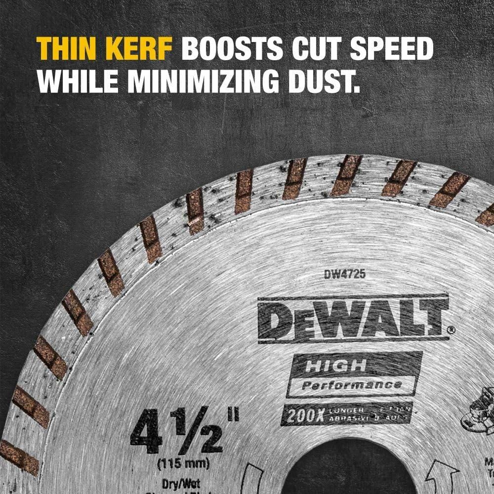 DEWALT Diamond Blade 4-1/2 Inch Continuous Rim Thin Kerf for Fast Dry Cutting and Dust Reduction