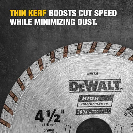 DEWALT Diamond Blade 4-1/2 Inch Continuous Rim Thin Kerf for Fast Dry Cutting and Dust Reduction