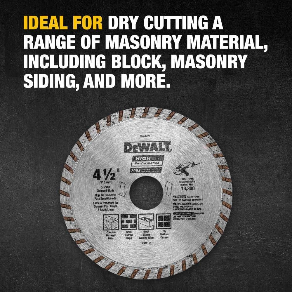 DEWALT Diamond Blade 4-1/2 Inch Continuous Rim for Dry Cutting Masonry Materials with 7/8 Inch Arbor