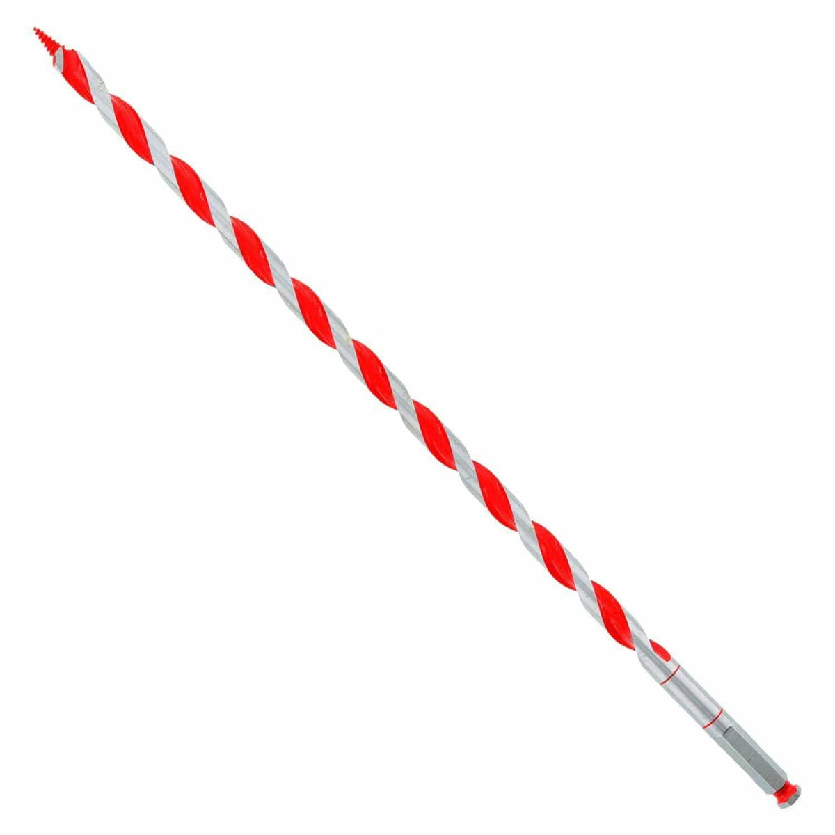 This is a close-up, studio-shot image of a long auger drill bit against a white background. The bit is distinguished by its vibrant red and white spiral pattern along the flutes, a threaded screw tip for self-feeding, and a hexagonal shank for chucking into a drill.