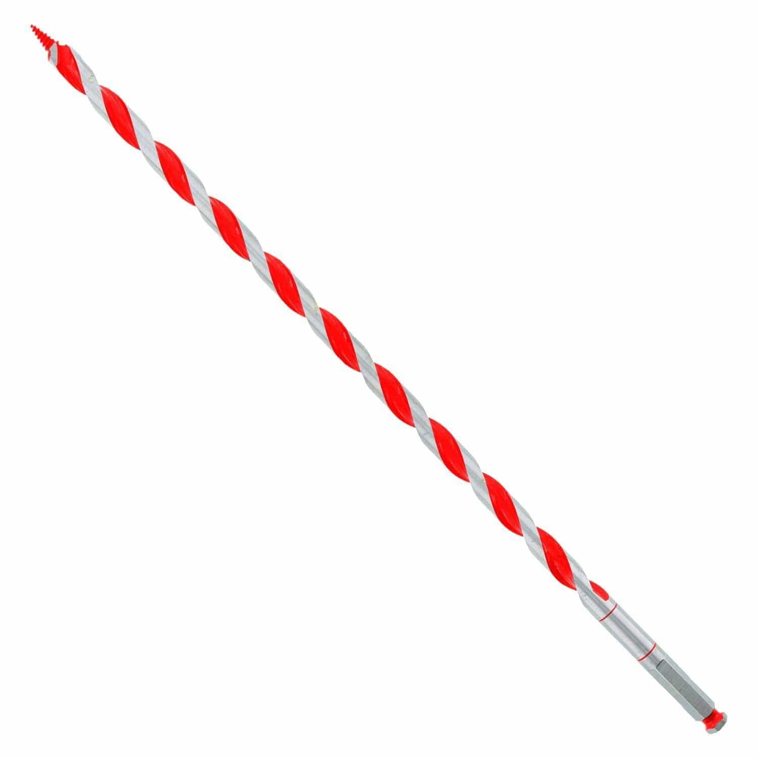 This is a close-up, studio-shot image of a long auger drill bit against a white background. The bit is distinguished by its vibrant red and white spiral pattern along the flutes, a threaded screw tip for self-feeding, and a hexagonal shank for chucking into a drill.