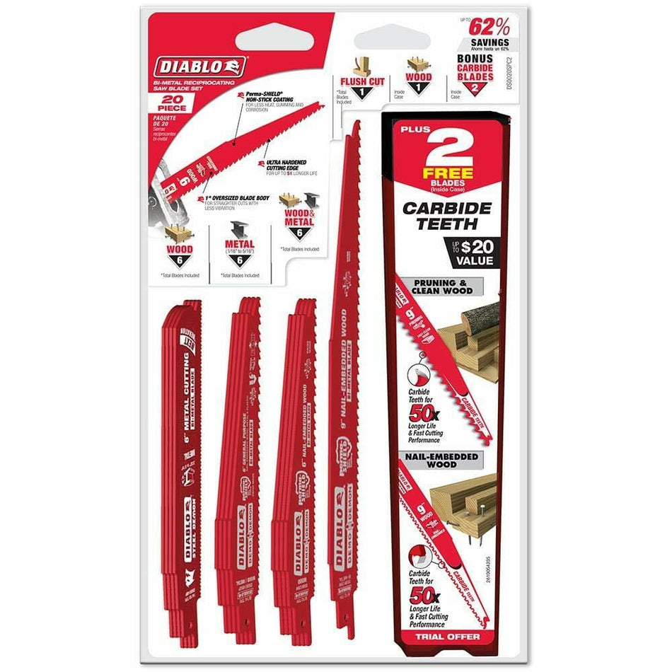 Packaging of Diablo brand saw blades with promotional text on a white background