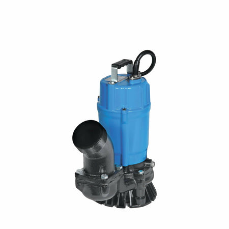 Blue and black submersible pump on a white background