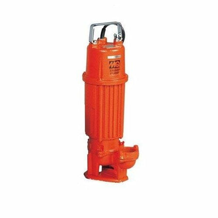 This image displays an electric submersible trash pump, characterized by its bright reddish-orange color and heavy-duty, cast-metal construction. The pump features a chrome carrying handle on top, a cylindrical motor housing, and a central body with prominent vertical cooling fins. The robust base is designed to be free-standing and includes a side-discharge port, which is typical for trash pumps built to handle water containing solids and debris.