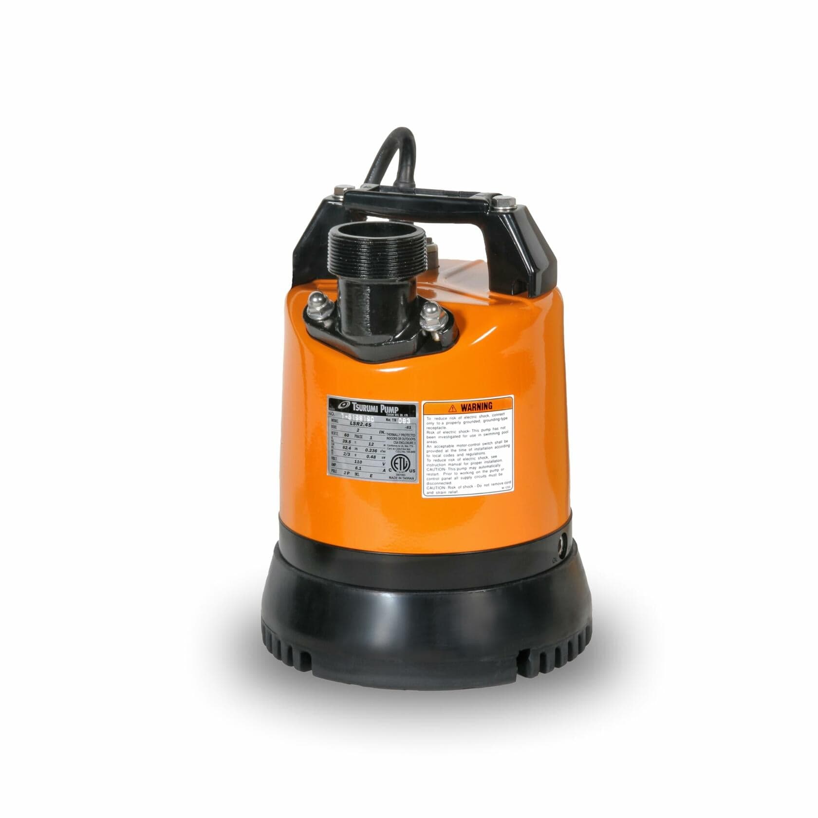 This is a compact, portable electric submersible pump. It features a glossy orange, cylindrical main body, contrasted with a black base and a black top section. An integrated black handle arches over the vertical, threaded discharge port. The black base is slotted to act as a water intake and strainer. Two labels are clearly visible on the orange housing: a silver technical data plate with the "TSURUMI PUMP" logo and a white warning label.
