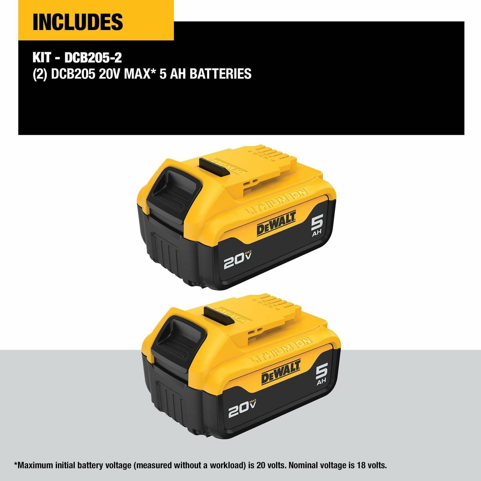 Product image for DEWALT Kit DCB205-2. Text reads "Includes: Kit - DCB205-2, (2) DCB205 20V MAX* 5 AH BATTERIES." Below the text are the two included yellow and black DEWALT batteries. A footnote at the bottom reads: "*Maximum initial battery voltage (measured without a workload) is 20 volts. Nominal voltage is 18 volts."
