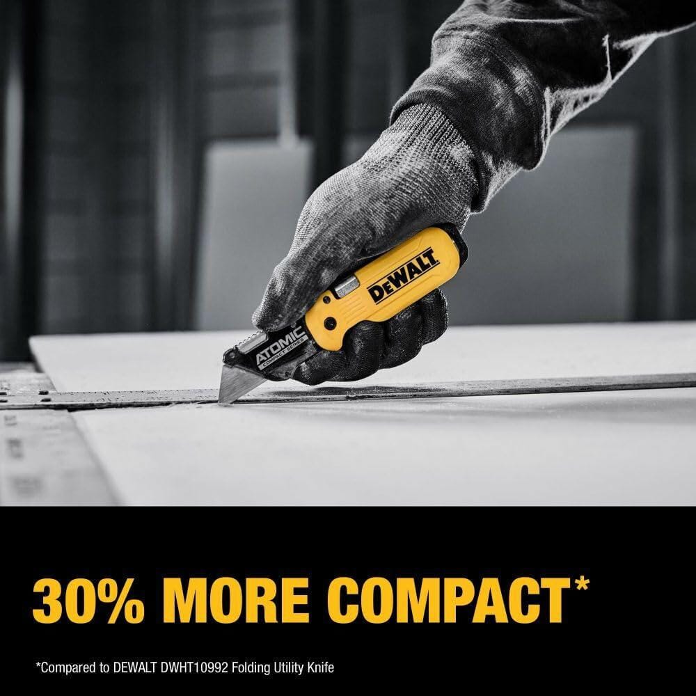 DEWALT ATOMIC Compact Folding Utility Knife one-hand flip open quick blade change ergonomic grip tether hole DWHT10990