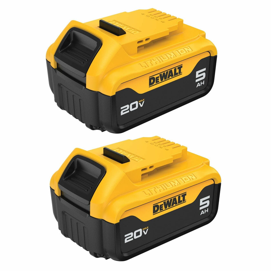 Product image of two identical DEWALT batteries. The batteries are yellow and black, featuring the "DEWALT 20V MAX" and "5 AH" logos.