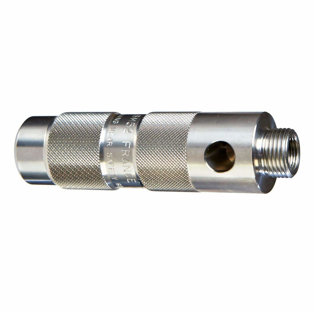 Metal cylindrical component with knurled grip surface, external threading on one end, and a large circular hole in the body. Engraved text includes 'FRANCE,' 'SAFETY,' and '3000 PSI,' indicating high-pressure safety use. Designed for secure installation in industrial or mechanical systems.