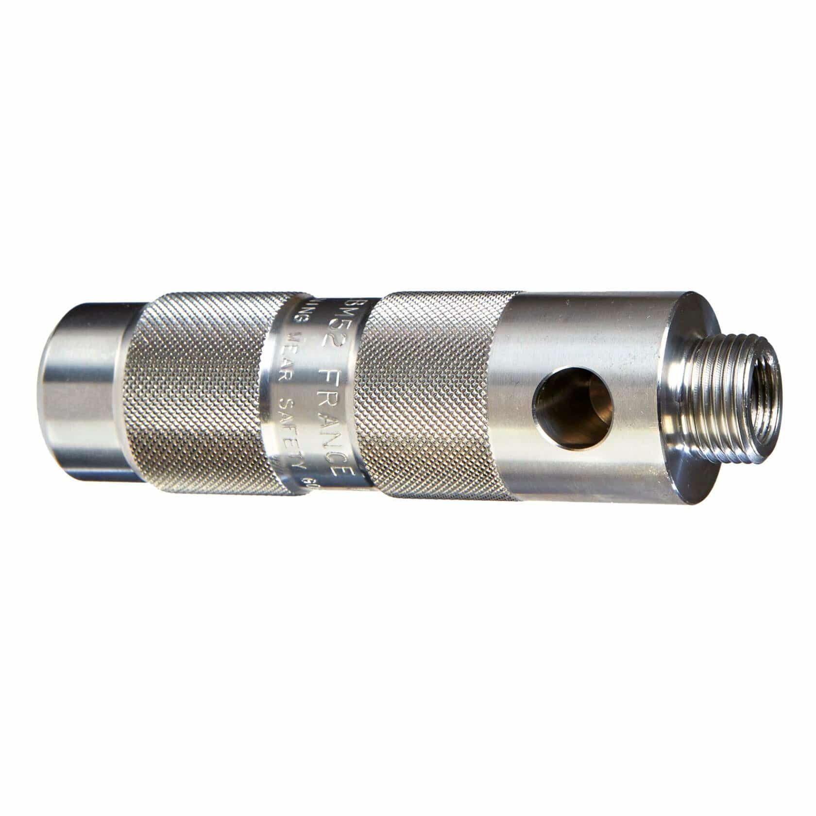 Metal cylindrical component with knurled grip surface, external threading on one end, and a large circular hole in the body. Engraved text includes 'FRANCE,' 'SAFETY,' and '3000 PSI,' indicating high-pressure safety use. Designed for secure installation in industrial or mechanical systems.