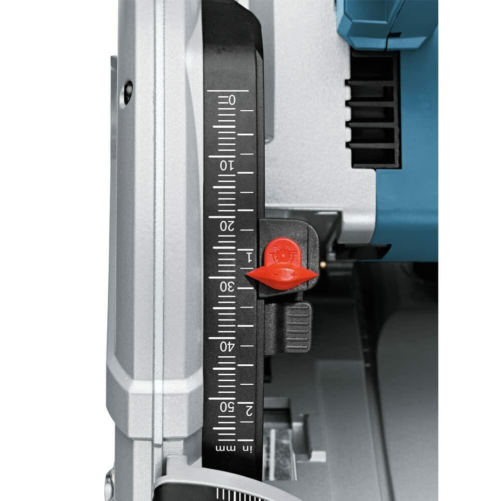 Bosch 13 Amp 6-1/2 Inch Plunge Track Saw depth adjustment gauge close-up with red locking knob