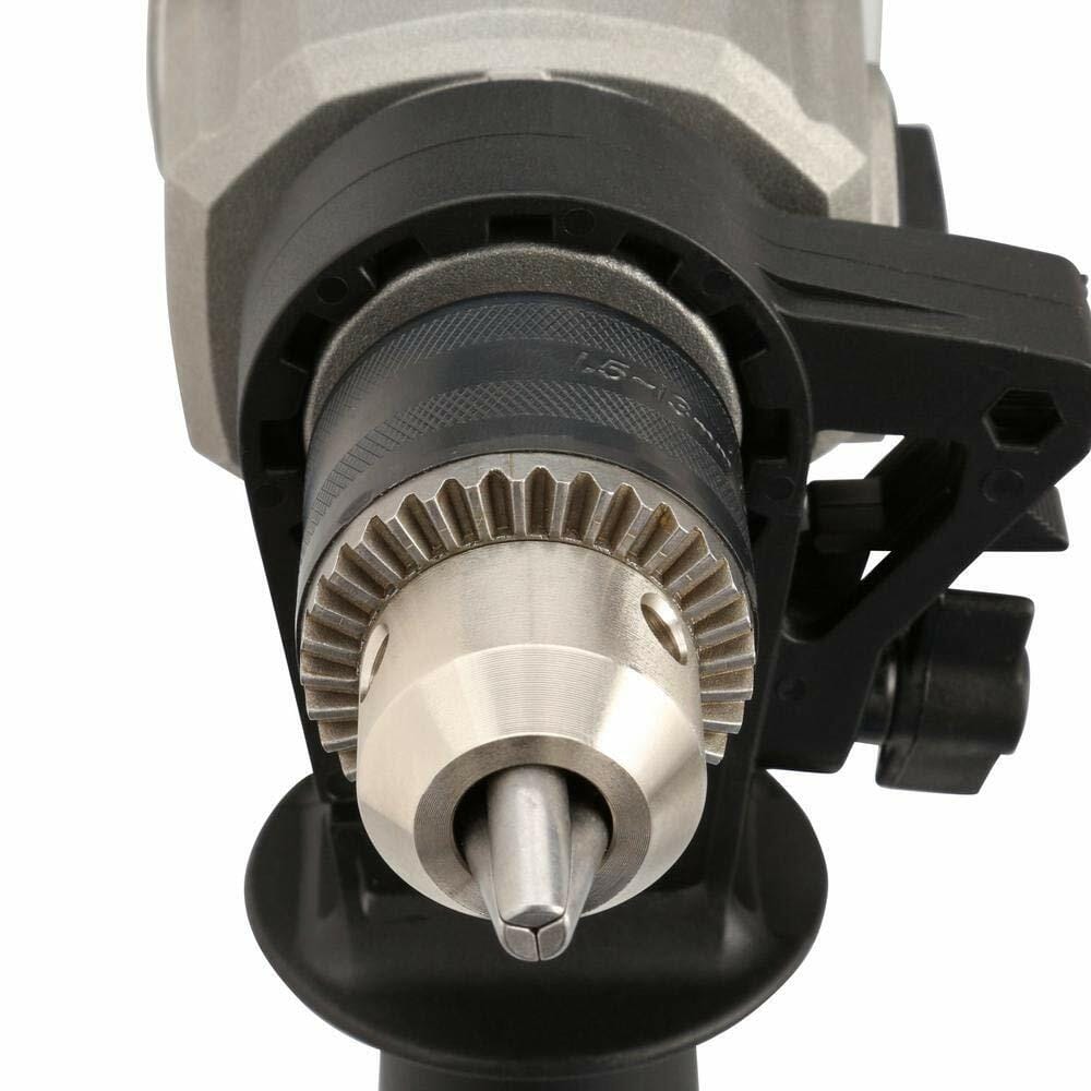 Bosch HD182RT 8.5 Amp 1/2 in. Two-Speed Hammer Drill front view with metal drill chuck and handle attachment