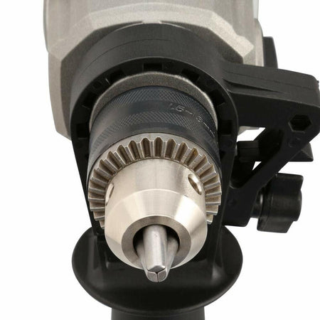 Bosch HD182RT 8.5 Amp 1/2 in. Two-Speed Hammer Drill front view with metal drill chuck and handle attachment