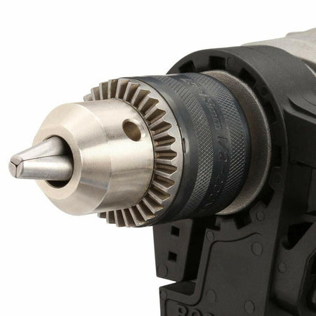 Bosch HD182RT 8.5 Amp 1/2 in. Two-Speed Hammer Drill close-up of metal keyless chuck and gear mechanism