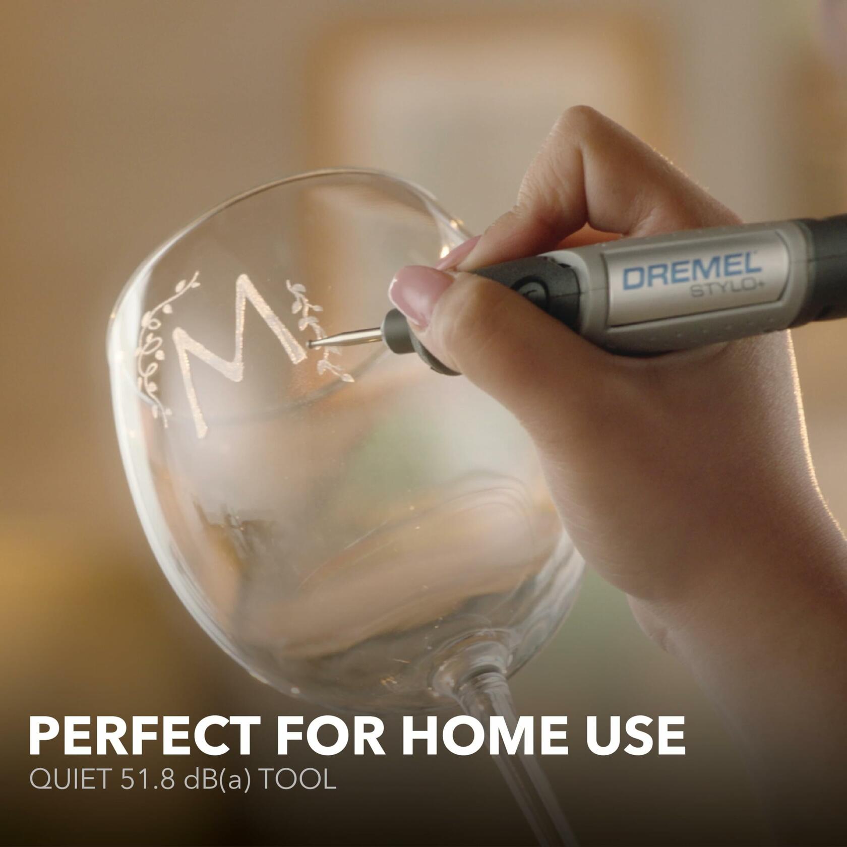 Dremel 2050-15 Stylo+ rotary tool engraving glass with precision for home crafting projects and detailed artwork