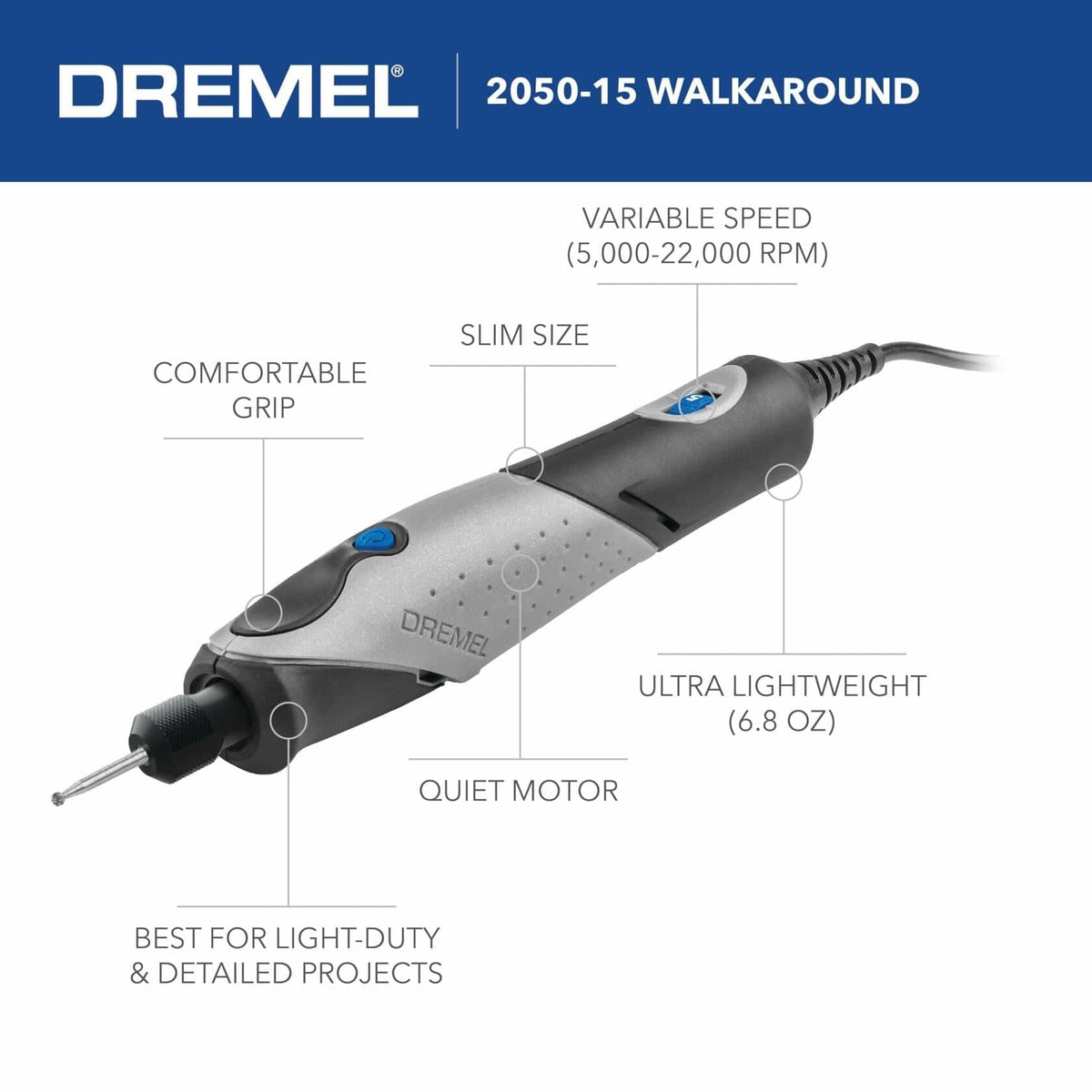 Dremel 2050-15 Stylo+ Rotary Tool with variable speed, slim design, comfortable grip, and quiet motor for detailed projects