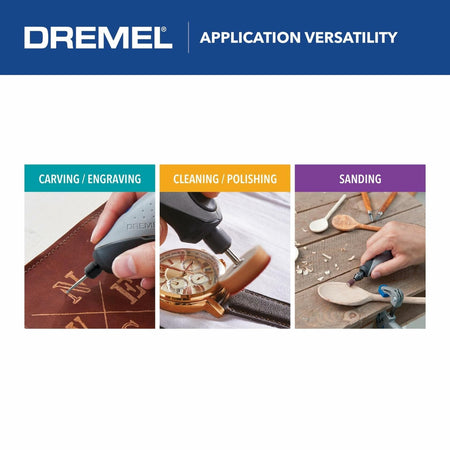 Dremel Stylo+ rotary tool demonstrating carving, cleaning, polishing, and sanding applications for versatile crafting use