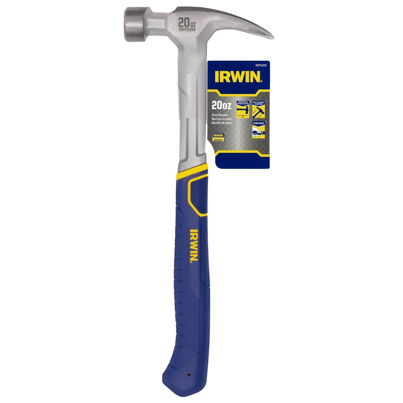 IRWIN 20 OZ Rip Claw Hammer with ergonomic textured grip and forged steel construction for comfortable all-day use