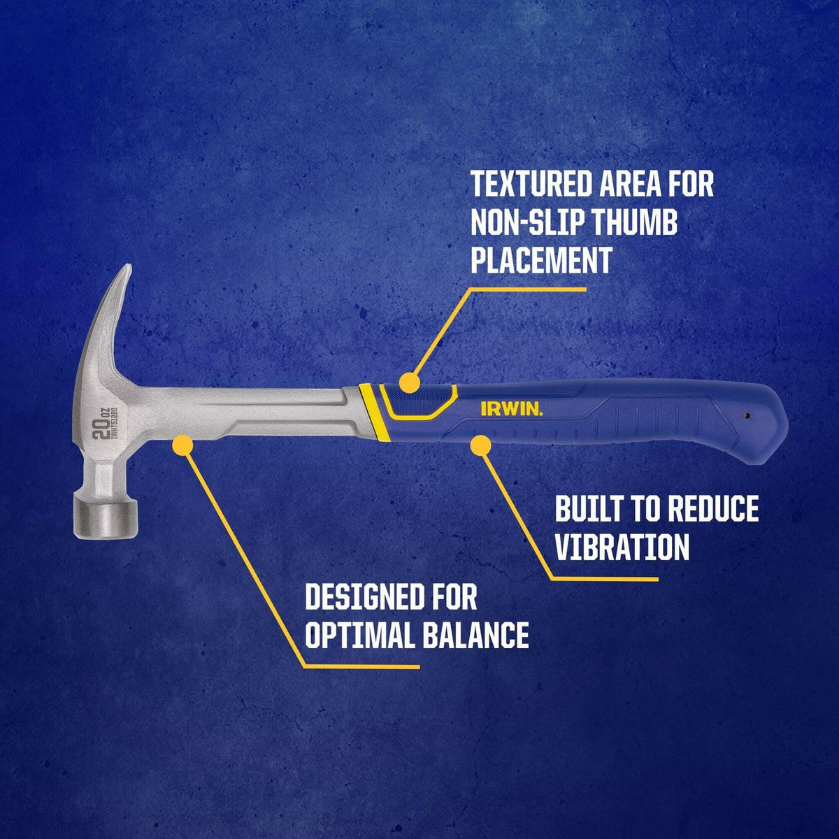 IRWIN 20 OZ Rip Claw Hammer with ergonomic textured grip, non-slip thumb area, vibration reduction, and optimal balance design