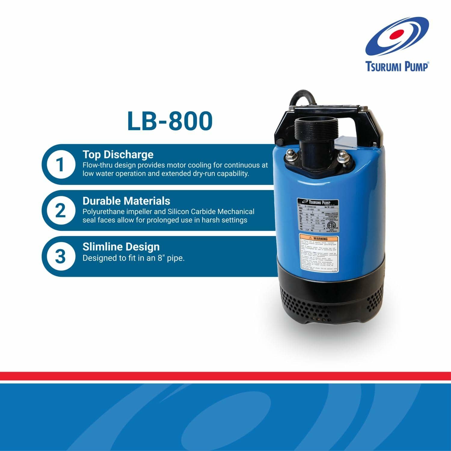 Tsurumi LB-800 submersible dewatering pump 1 HP 115V 2 inch discharge durable slim design for construction use