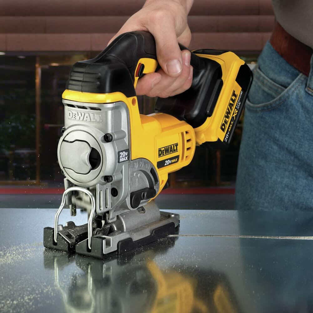 DEWALT 20V MAX Cordless Jig Saw Kit DCS331M1 with 4.0Ah battery, variable speed, keyless blade, and orbital action for precision cutting