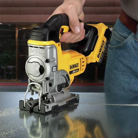 DEWALT 20V MAX Cordless Jig Saw Kit DCS331M1 with 4.0Ah battery, variable speed, keyless blade, and orbital action for precision cutting
