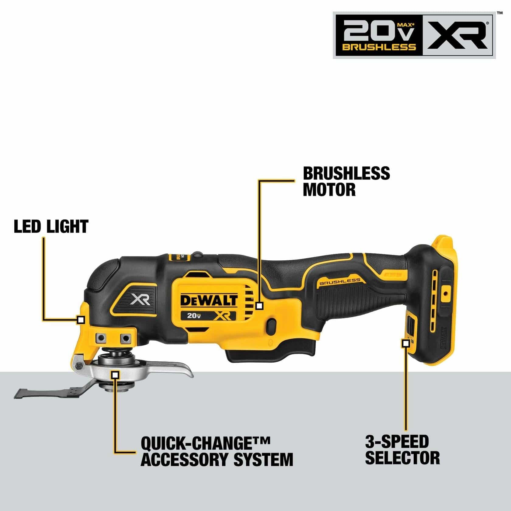 DEWALT 20V MAX XR Brushless Oscillating Multi-Tool with LED light, quick-change accessory system, and 3-speed selector cordless bare tool