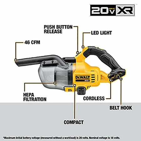 DEWALT 20V MAX Cordless Handheld Dry Vacuum with HEPA Filtration, LED Light, Compact Design, and Belt Hook for Jobsite Cleanup